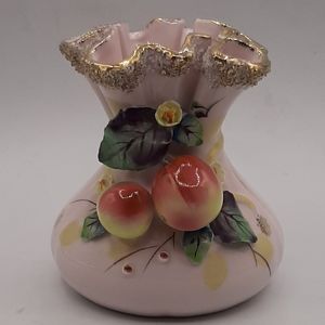 Vintage L'Amour Majolica Apples & Blossoms Pink Pinched Ruffled Top Vase Japan